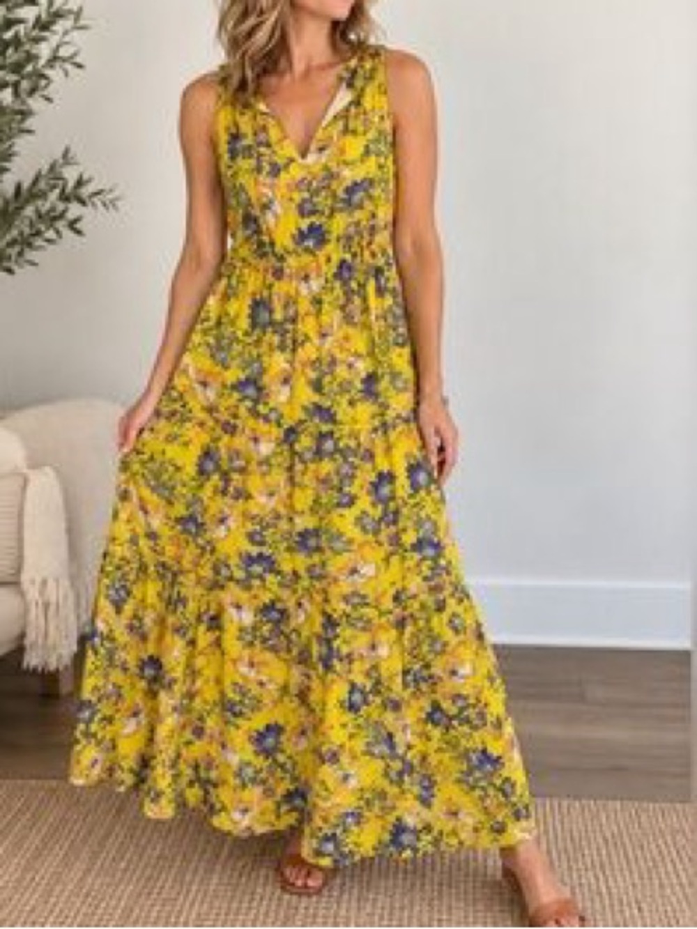 Anthropologie Maeve Yellow with Purple Floral Maxi Dress